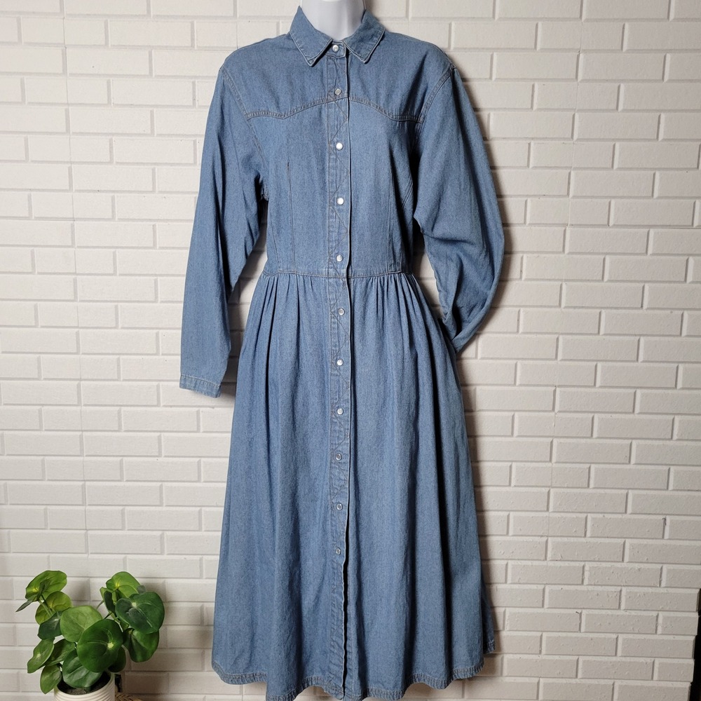 Vintage 1990s PS Gitano Denim Midi Dress M Pearl Snaps Pockets Western Cowgirl